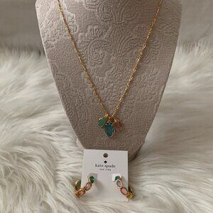 KATE SPADE High Shine Charm Long Strand Necklace & Hoops Earrings SET in Gold